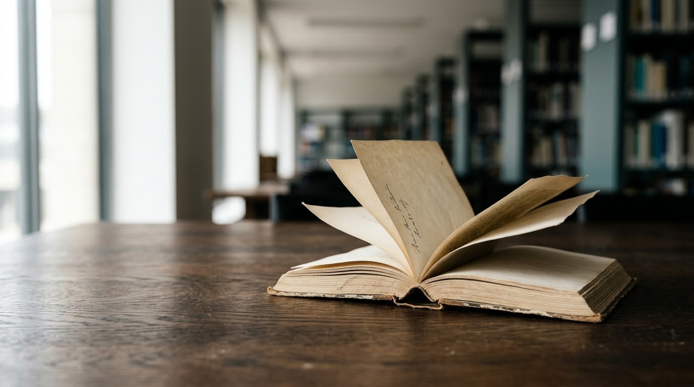 Livre ouvert sur une table en bois dans une bibliothèque contemporaine, avec annotations manuscrites subtiles visibles sur une page. Lumière naturelle douce, atmosphère intellectuelle et contemplative.