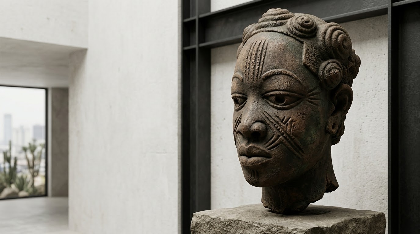 Sculpture africaine historique en pierre, affichant des détails sculptés sophistiqués, présentée dans un espace architectural contemporain minimaliste. Les traits et les motifs révèlent un héritage civilisationnel profond.