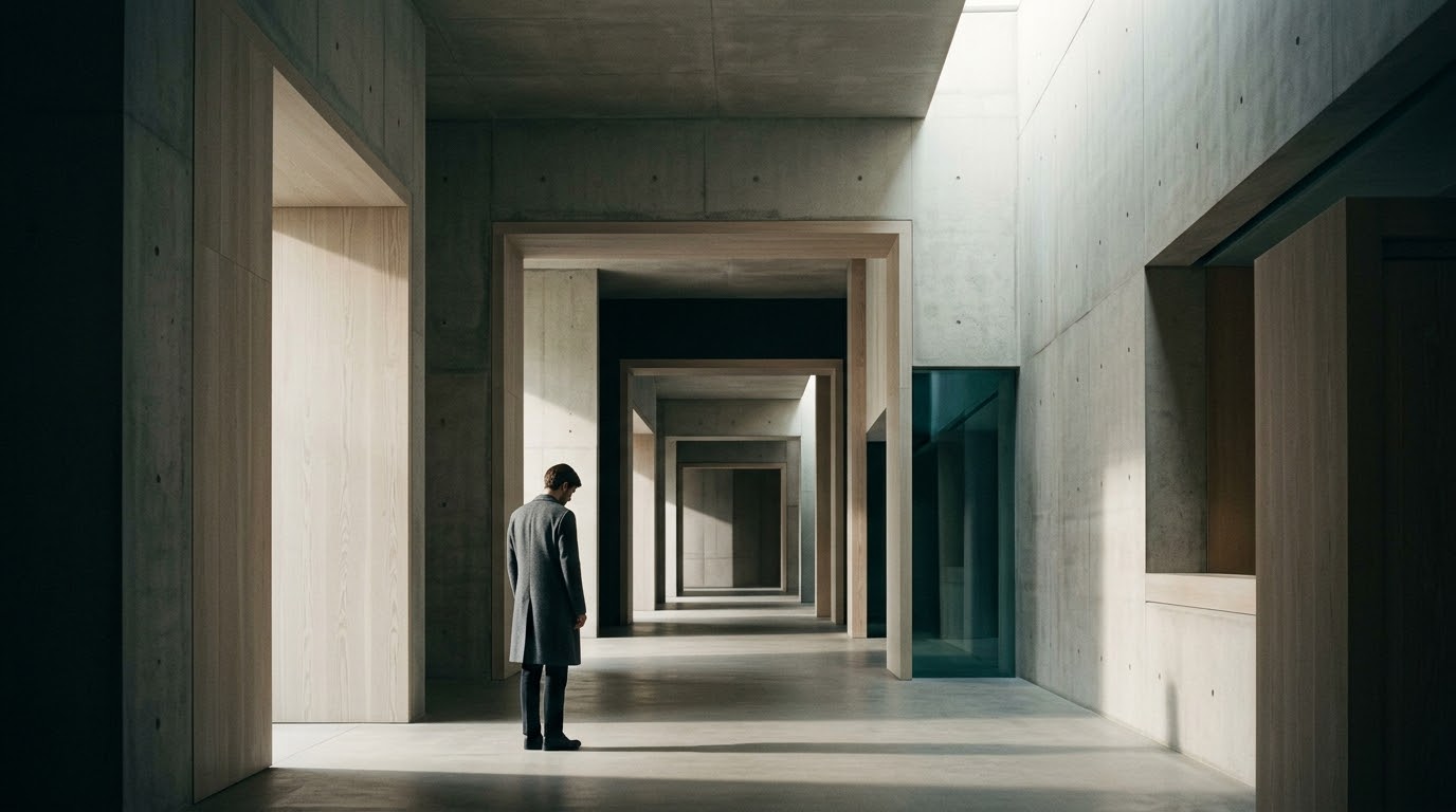 Figure humaine solitaire vue de dos, debout dans un vaste espace architectural contemporain aux lignes géométriques fortes. Lumière naturelle dramatique créant des ombres élégantes. Composition minimaliste évoquant la contemplation et la réflexion.