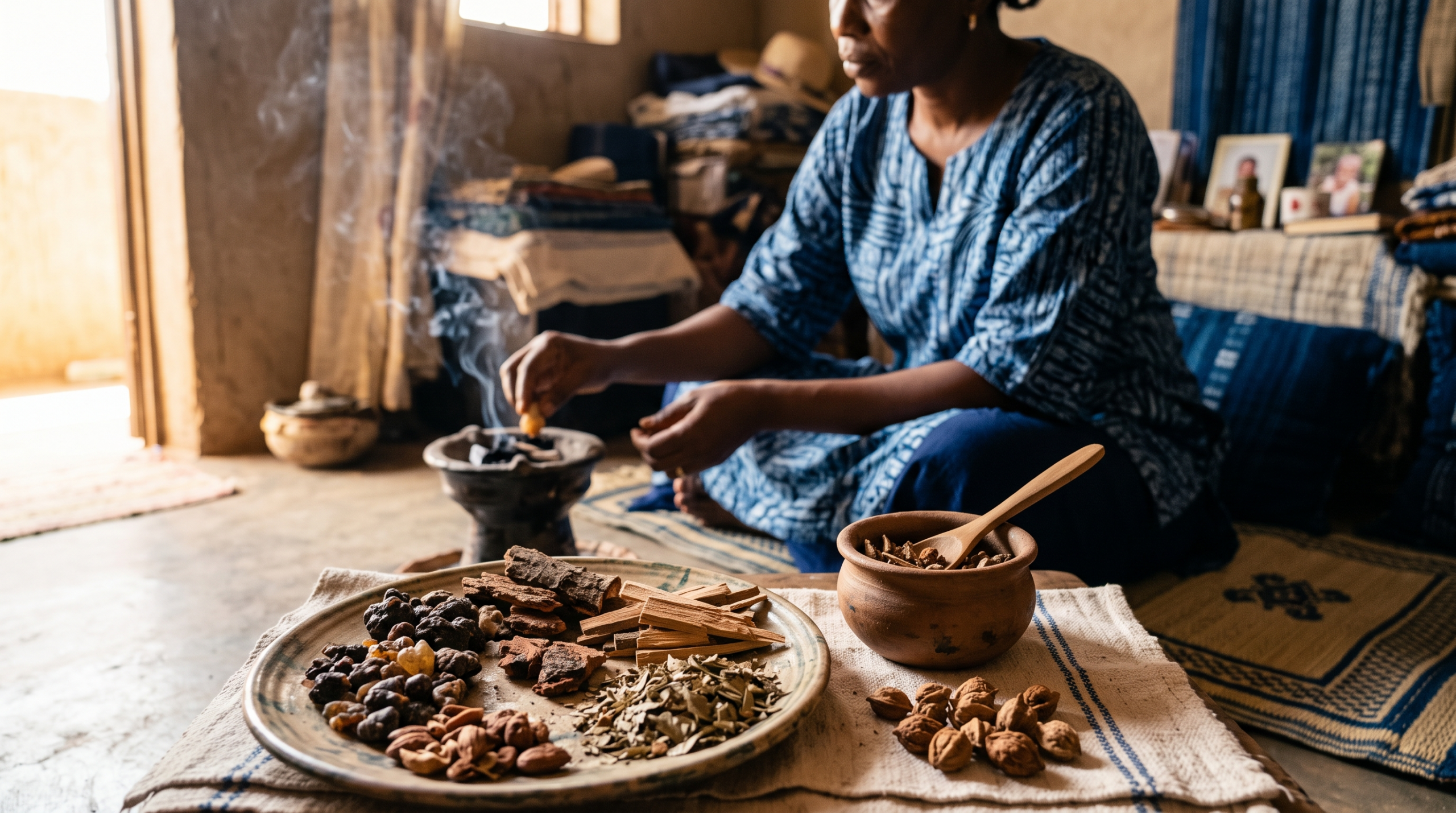 Détail d'une pratique olfactive ouest-africaine : fumigation et matières aromatiques dans un espace domestique, illustrant la dimension rituelle et culturelle des odeurs