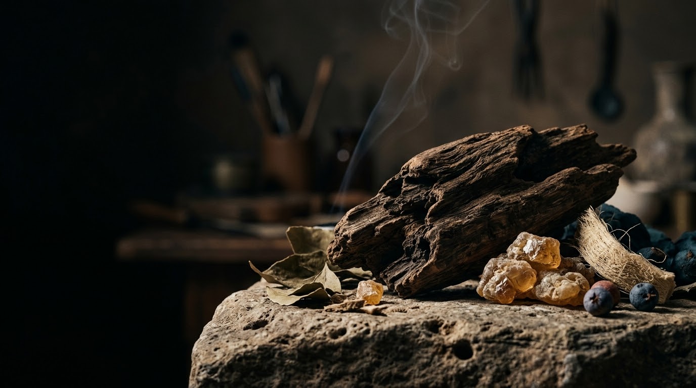 Bois d'oud foncé et résines botaniques naturelles reposant sur une surface de pierre rugueuse. Un léger filet de fumée s'élève en arrière-plan, évoquant transformation et extraction. Éclairage dramatique révélant texture et profondeur.